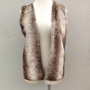Liz Claiborne Open Front Camel Tan Faux Fur Front Sweater Vest Knit Back NWT Lg.